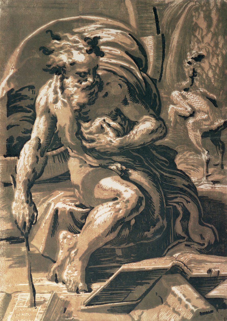 Diogenes, sztychowany przez Ugo da Carpi (1470/80-1532) (drzewo światłocieniowe) autorstwa Parmigianino 
