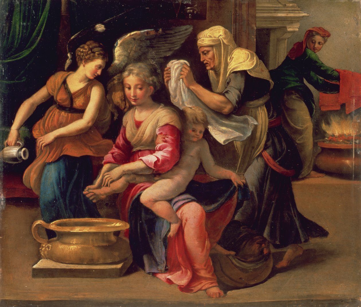 Kąpiel Niemowlaka (olejek na panelu) autorstwa Parmigianino