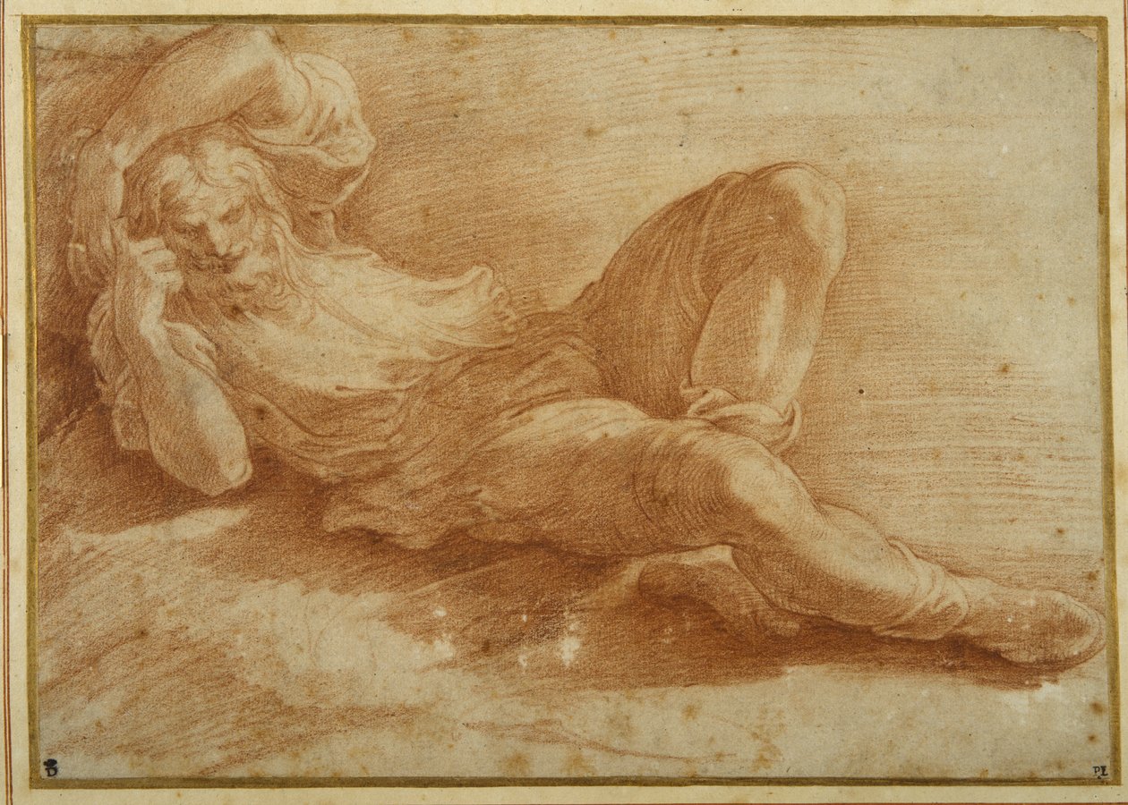 Postać z brodą, śpiąca (czerwona kreda na białym papierze) autorstwa Parmigianino