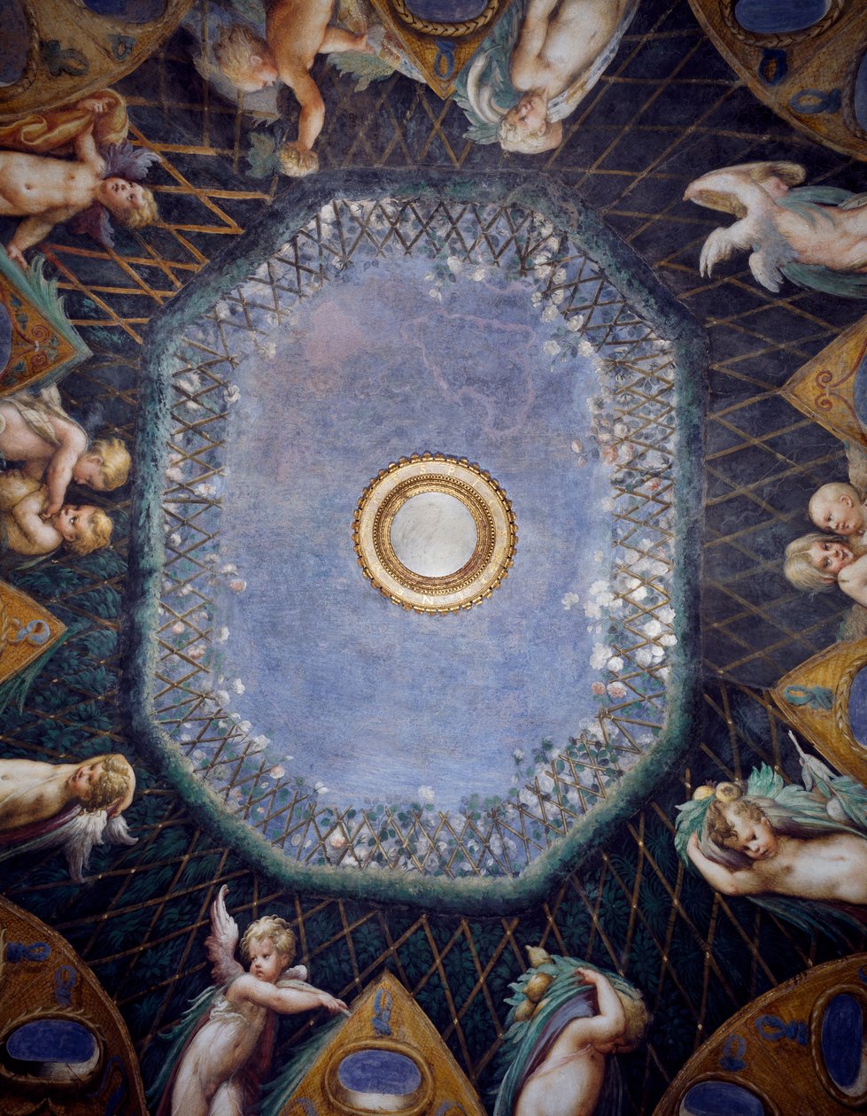 Putti i Przebłysk nieba, około 1524, Francesco Mazzola, znany jako Parmigianino (1503-1540), fresk, sklepienie Pokoju Diany i Akteona, Rocca Sanvitale, Fontanellato, niedaleko Parmy, Emilia-Romania, Szczegół, Włochy autorstwa Parmigianino
