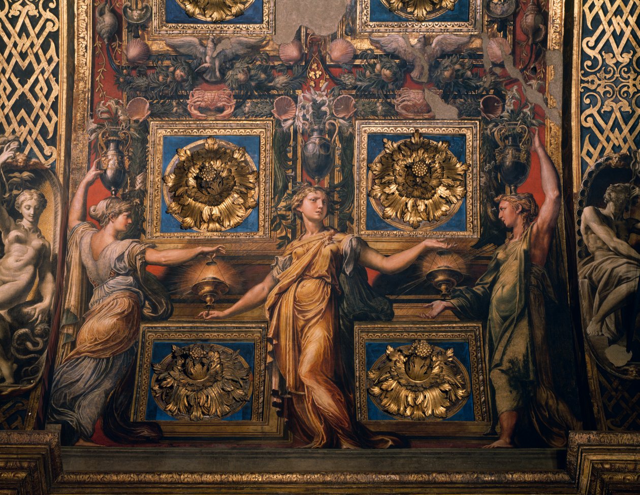 Trzy mądre dziewice, fragment Trzy mądre dziewice i trzy głupie dziewice, autorstwa Francesco Mazzola znanego jako Il Parmigianino, fresk pod łukiem prezbiterium, Sanktuarium Santa Maria della Steccata, Parma, Emilia-Romania. Włochy autorstwa Parmigianino