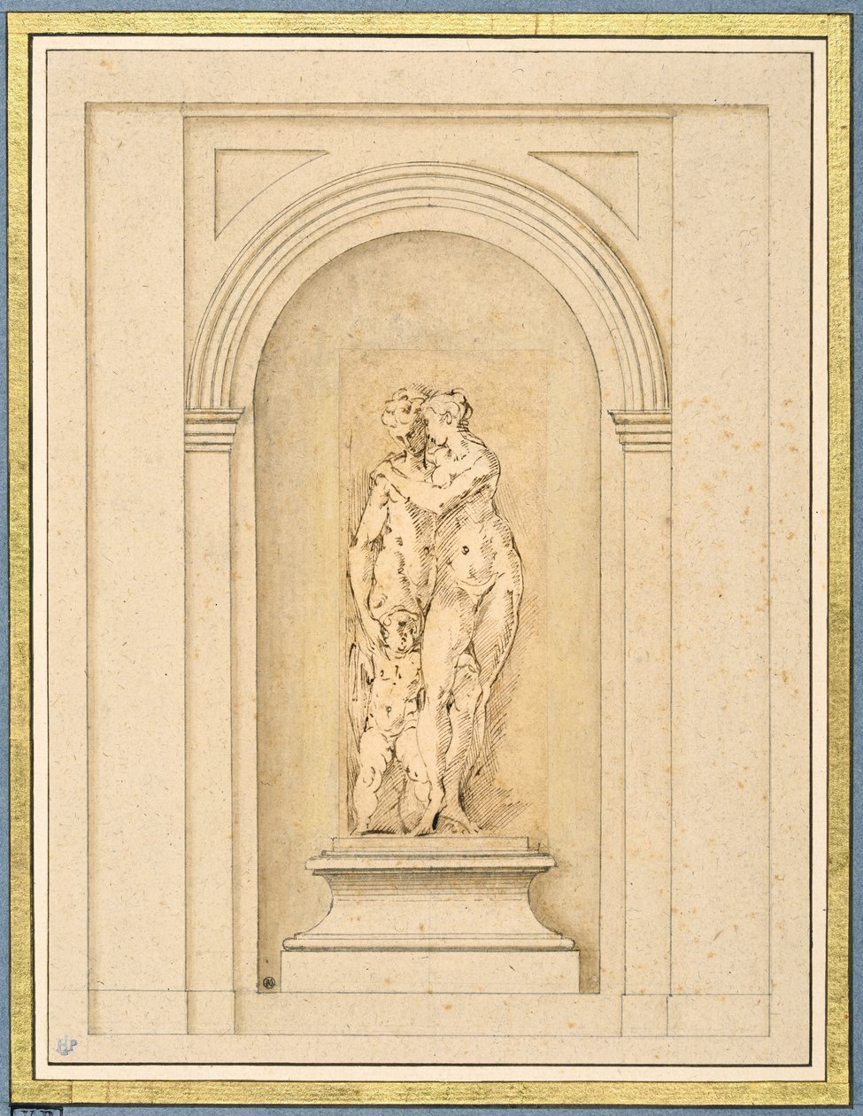 Dwie postacie i amorek otoczony późniejszą ramą architektoniczną autorstwa Parmigianino