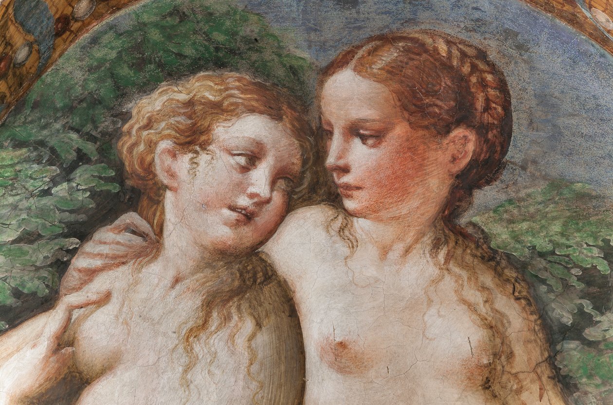 Dwie nimfy uczestniczące w łaźni Diany, z Pokoju Diany i Akteona, fragment 2384753 autorstwa Parmigianino
