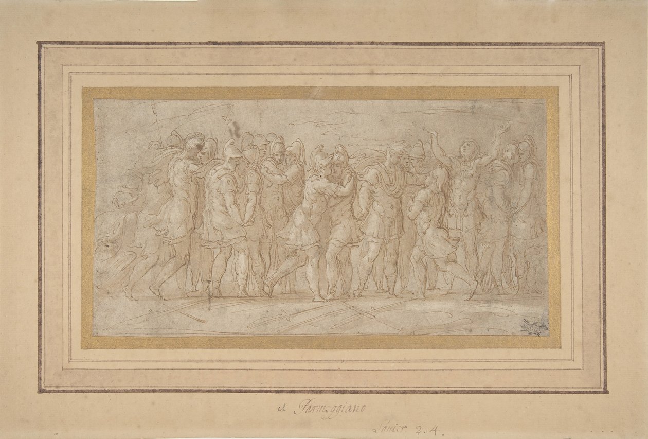 Rzymscy lub greccy wojownicy świętujący po zwycięstwie., 1503-40. autorstwa Parmigianino