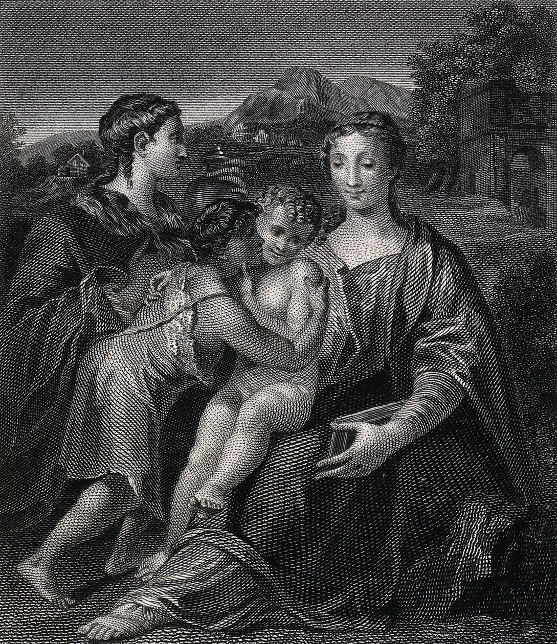 Święta Maria (Błogosławiona Dziewica) z Dzieciątkiem Jezus, świętym Janem Chrzcicielem i świętą Marią Magdaleną. Rycina według G.F.M. Mazzoli, il Parmigianina. autorstwa Parmigianino