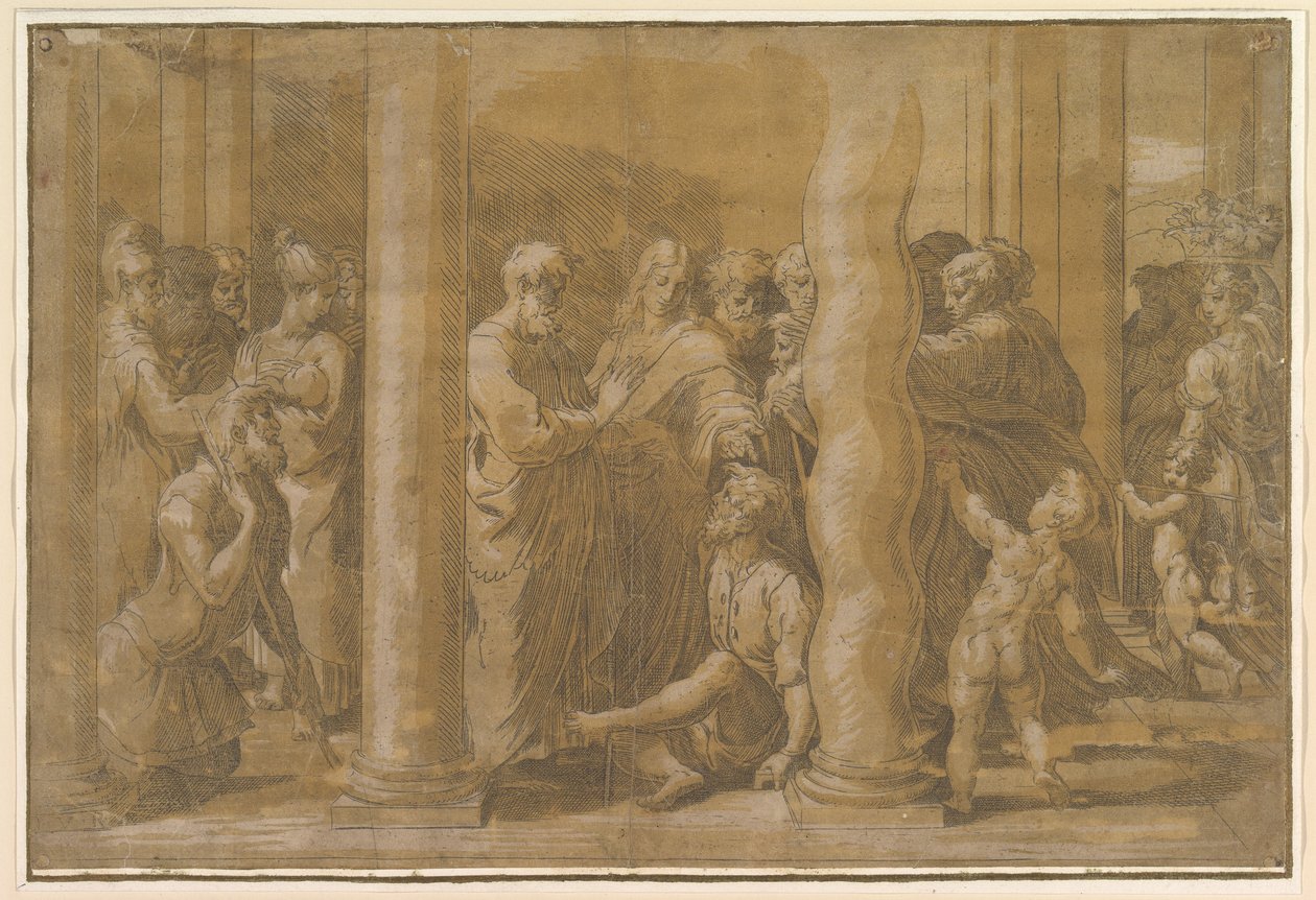 Święci Piotr i Jan uzdrawiający chorych, początek XVI wieku. autorstwa Parmigianino