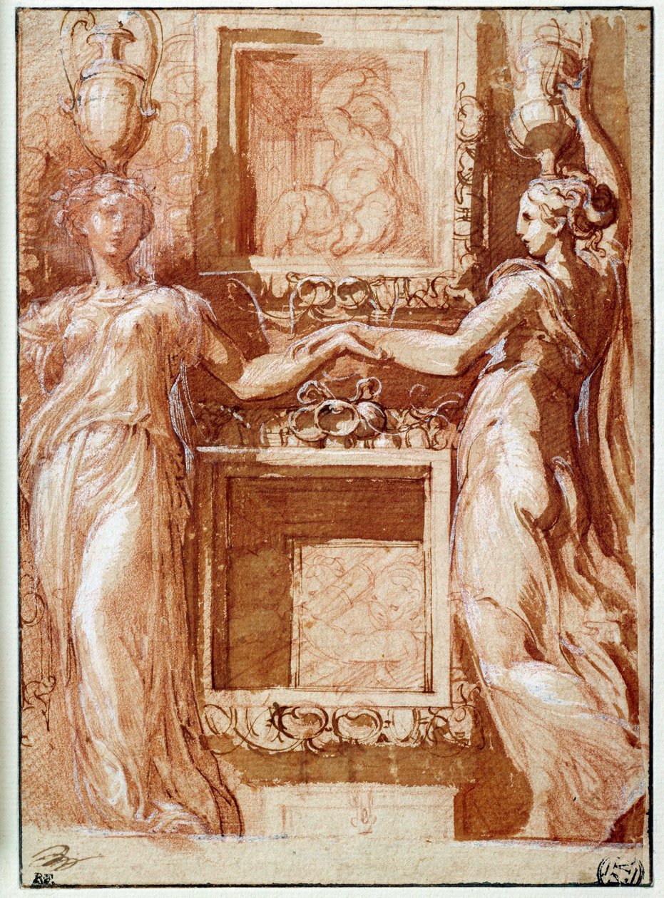 Dwa kanefory podające dłonie po obu stronach pudeł Rysunek tuszem, praniem, krwią i białymi klapami autorstwa Girolamo Francesco Maria Mazzola dit Parmigianino lub Le Parmesan autorstwa Parmigianino