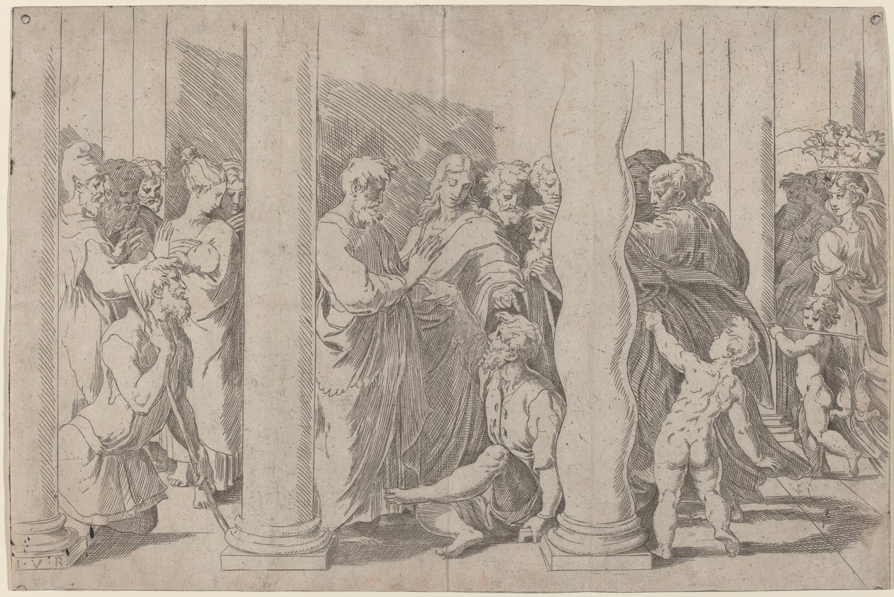 Święci Piotr i Jan uzdrawiają chromego przy Złotej Bramie autorstwa Parmigianino after Raphael