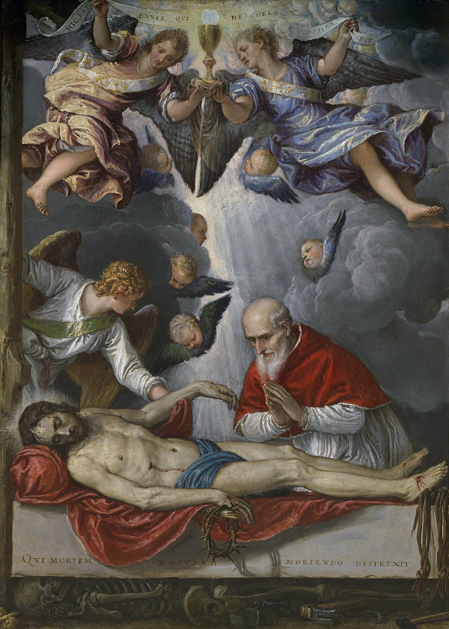 Martwy Chrystus, adorowany przez papieża Piusa V (Antonio Michele Ghislieri autorstwa Parrasio Micheli