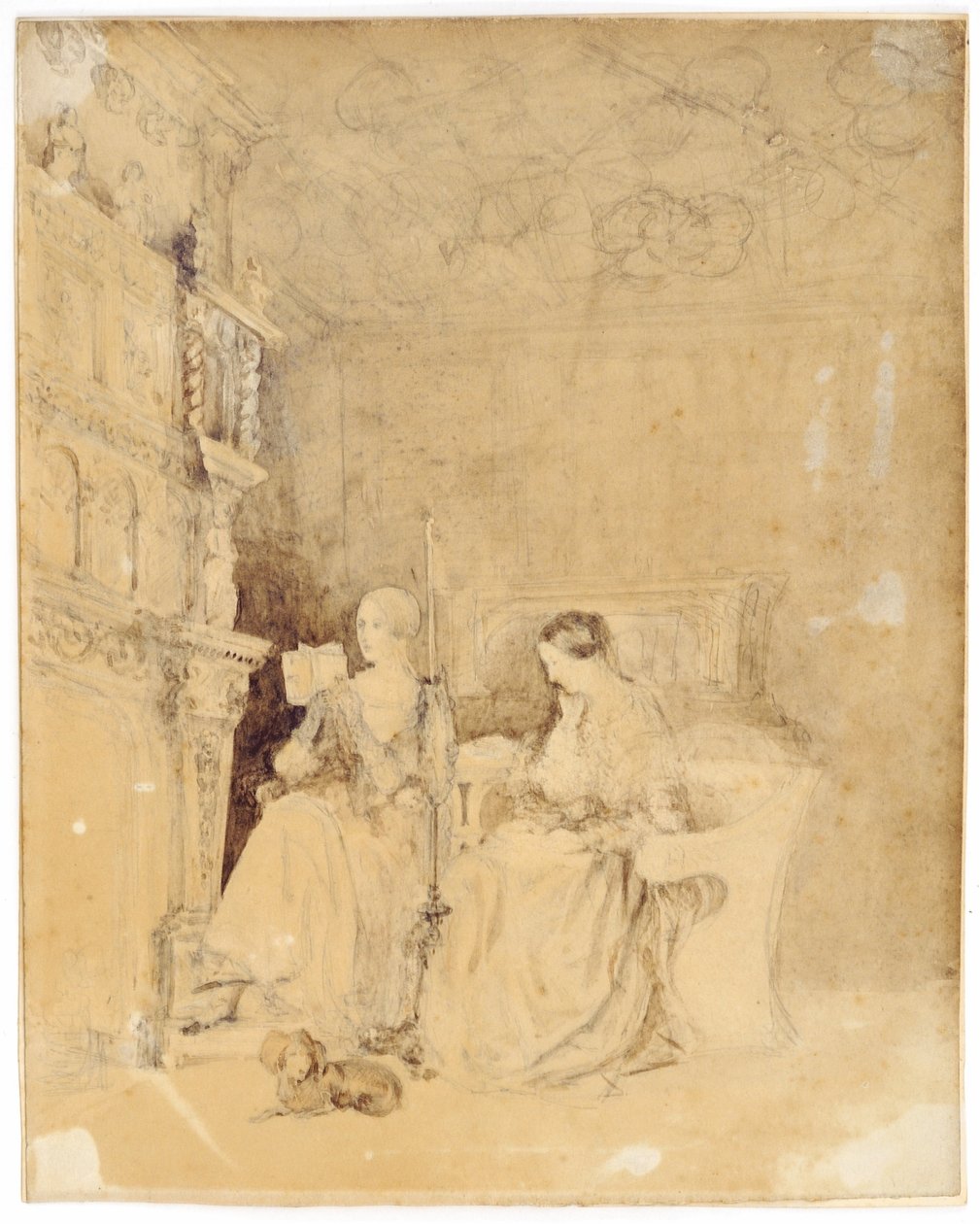Marianne Nicholson czytająca Florence Nightingale w salonie Embley (ołówek i pranie na papierze) autorstwa Parthenope Nightingale