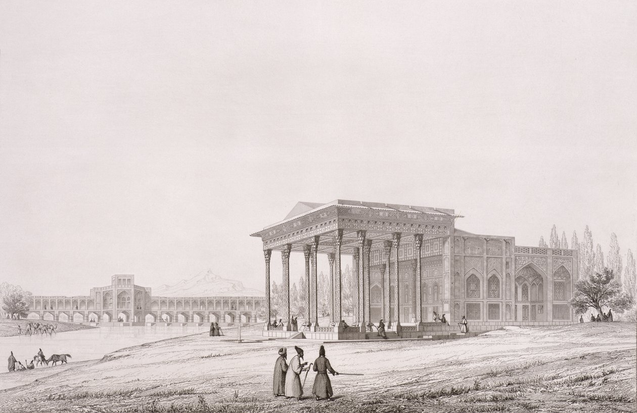 Widok zewnętrzny pawilonu luster, Isfahan, tablica 33 z „Modern Monuments of Persia”, rytowana przez Claude Sauvageot (1832-85) 1856 autorstwa Pascal Xavier Coste
