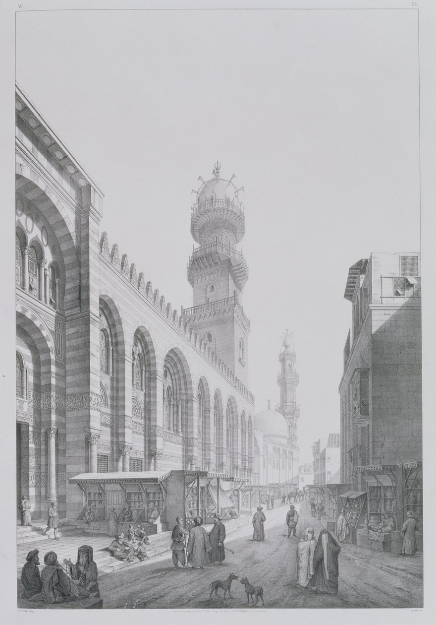 Na zewnątrz Meczetu Qalaoun, tablica 20 z „Pomniki i budynki Kairu”, rytowana przez Auguste Hibon (1780-1857) 1829 autorstwa Pascal Xavier Coste