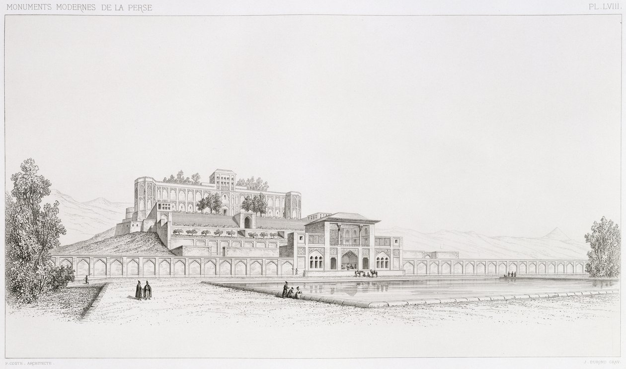 Widok pałacu Golestan Qajar „Kasr l Kadjar” w Teheranie, z „Podróży Pittoresque” perskiej, rytowany przez Josepha Duronda (ur. 1816) wydany przez Lemercier, Paryż, 1856 autorstwa Pascal Xavier Coste