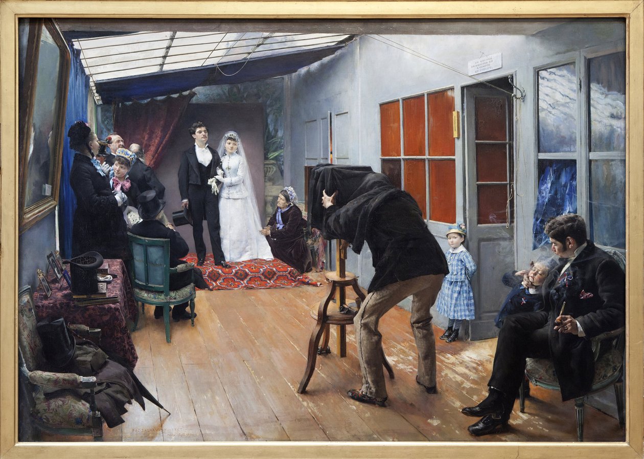 Ślub z fotografem, Obraz wykonany w 1879 r. przez Pascala Adolphe Jean Dagnan Bouveret (1852-1929). Fotografia, KIM Youngtae, Lyon, Musee des Beaux Arts de Lyon. autorstwa Pascal Adolphe Jean Dagnan Bouveret
