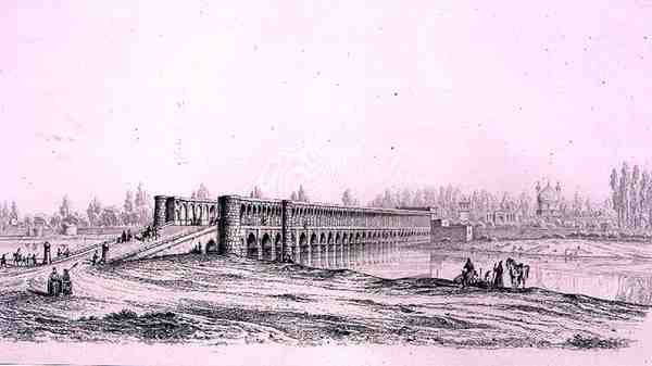 Allah Verdi Khan Bridge, w Isfahanie, z „Podróży Pittoresque” perskiej, ryty przez Claude