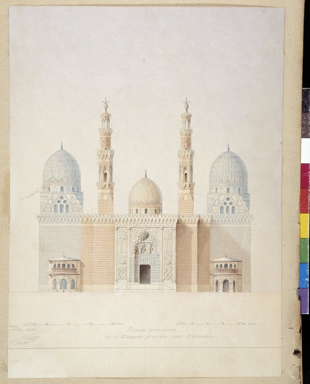 Architektura: główny projekt elewacji meczetu Aleksandrii. Egipt. Rysunek Pascala Coste (1787-1879) autorstwa Pascal Xavier (after) Coste