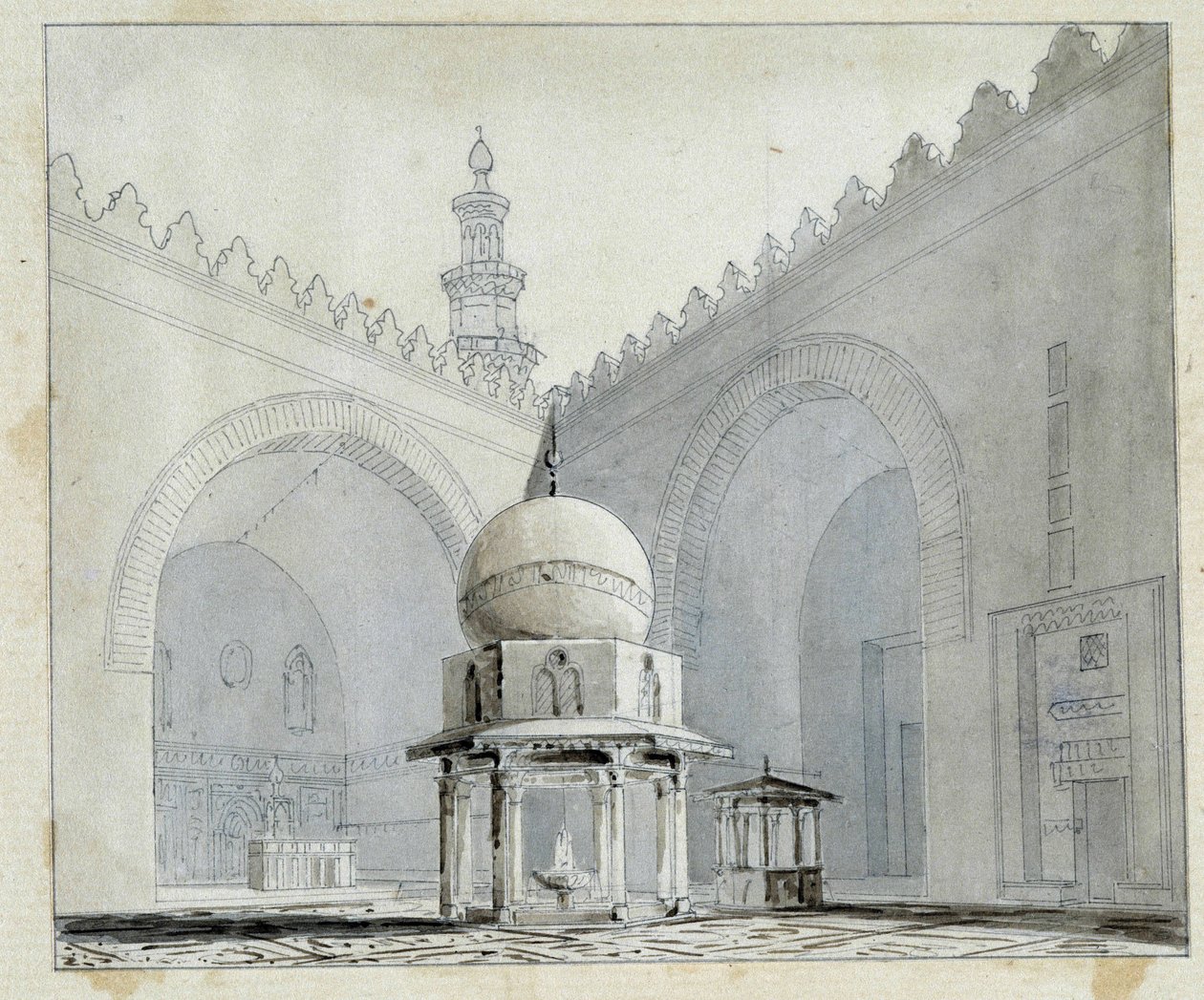 Dwór meczetu sułtana Hassana, Kair Egipt. Akwarela Pascal Coste (1787-1879). Biblioteka Miejska Marsylii autorstwa Pascal Xavier (after) Coste
