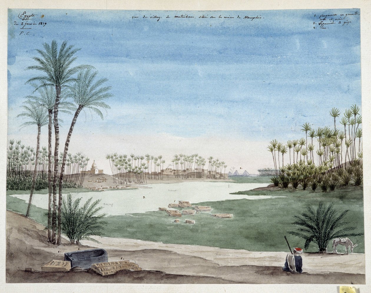 Egipt: Widok na wioskę Metriham w pobliżu Memphis. 1819 Rysunek Pascala Coste (1787-1879) Muzeum Archeologii Śródziemnomorskiej, Marsylia autorstwa Pascal Xavier (after) Coste