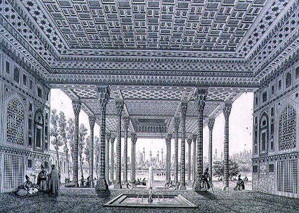 Widok wnętrza pawilonu luster, Isfahan, tablica 35 z „Współczesne zabytki Persji”, rytowana przez Claude