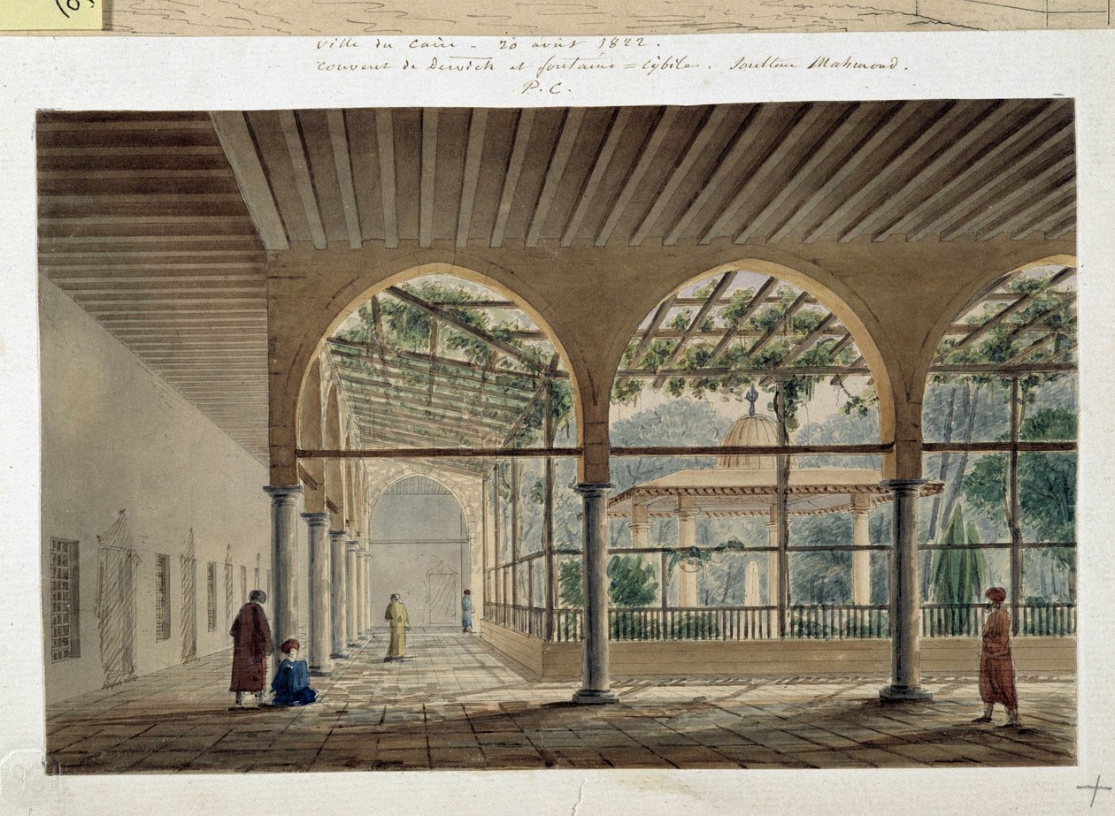 Orientalizm: klasztor derwiszów i fontanna. Rysunek Pascala Coste (1787-1879) autorstwa Pascal Xavier (after) Coste