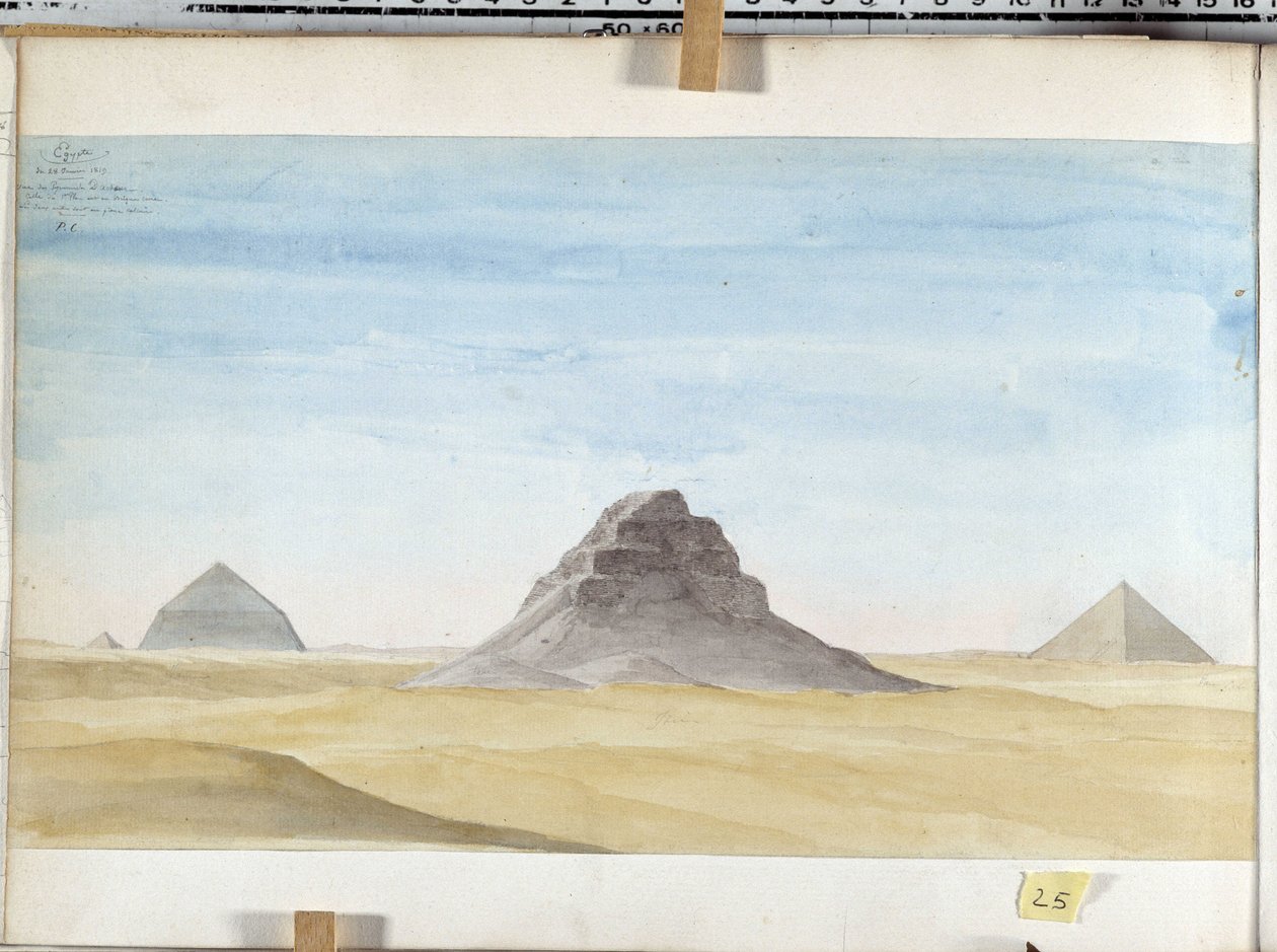 Widok na piramidę Dachour. Rysunek Pascala Coste (1787-1879) Muzeum Archeologii Śródziemnomorskiej, Marsylia autorstwa Pascal Xavier (after) Coste