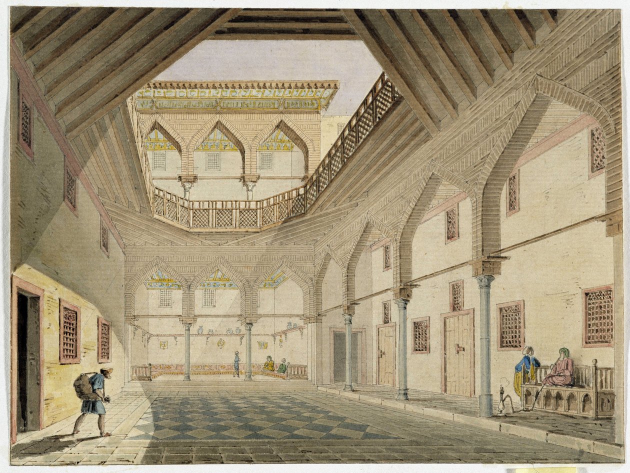 Widok wnętrza karawanseraju, w którym mieszkał Azir Osman Agha. Akwarela Pascal Coste (1787-1879) Muzeum Archeologii Śródziemnomorskiej, Marsylia autorstwa Pascal Xavier (after) Coste
