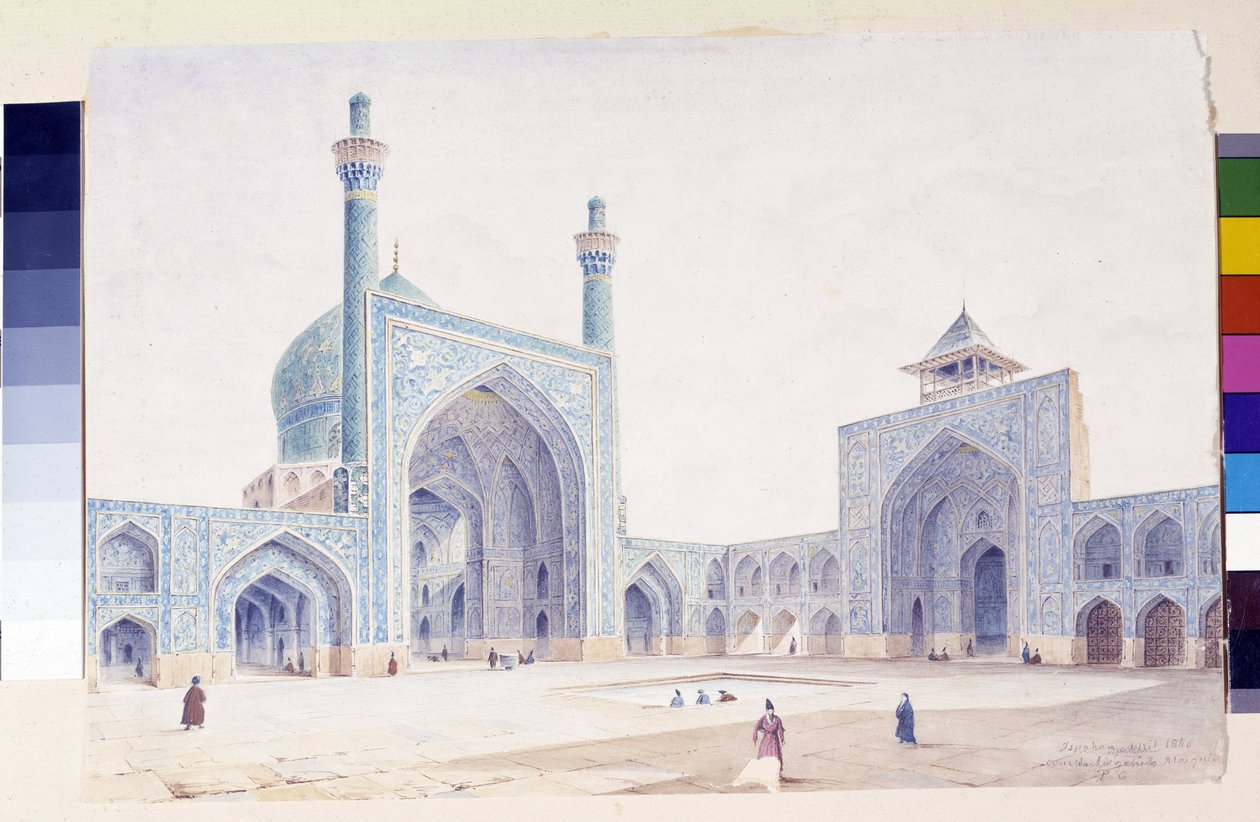 Widok wnętrza dziedzińca Wielkiego Meczetu Isfahan autorstwa Pascal Xavier (after) Coste
