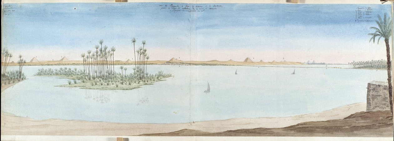 Widok na piramidy Guiseh (Guiseh, Giza, Giza), Sakarra i Datekour. Egipt Akwarela Pascala Coste (1787-1879) Biblioteka Miejska Marsylii autorstwa Pascal Xavier (after) Coste