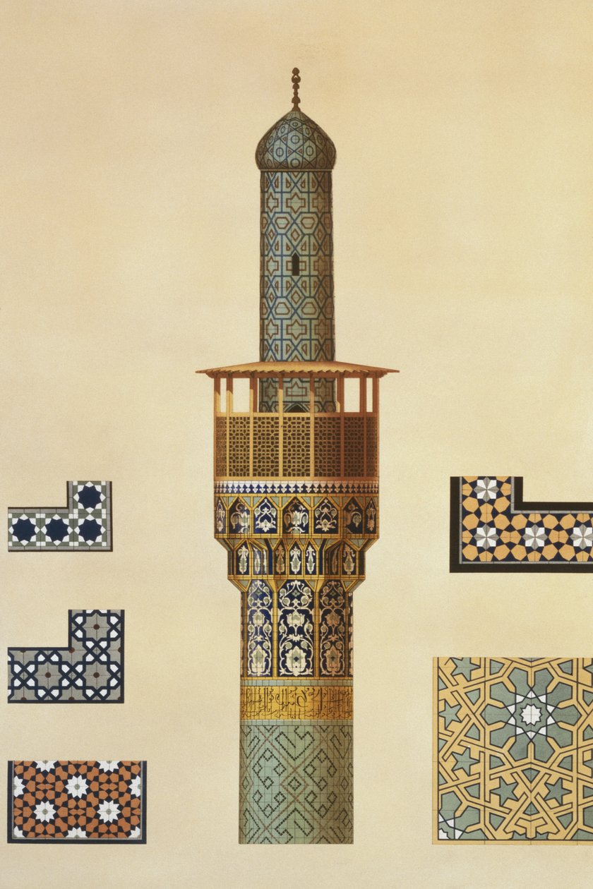 Minaret i detale ceramiczne z meczetu Medrese-i-Shah-Hussein, Isfahan, tablica 24-25 z „Modern Monuments of Persia”, rytowany przez A. Levie, 1856 autorstwa Pascal Xavier Coste