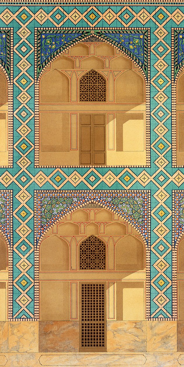 Detal arkad dziedzińca w Medrese-i-Shah-Hussein, Isfahan, płyta 26-27 z Modern Monuments of Persia, wyryte przez A. Levie, 1856 lito autorstwa Pascal Xavier Coste