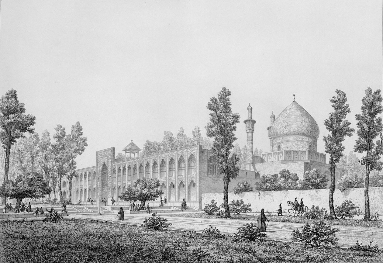 Madrasa-yi Masjid-i Shah Sultan Hussein, w Isfahanie, z perskiej „Podróży Pittoresque” rytowanej przez Claude