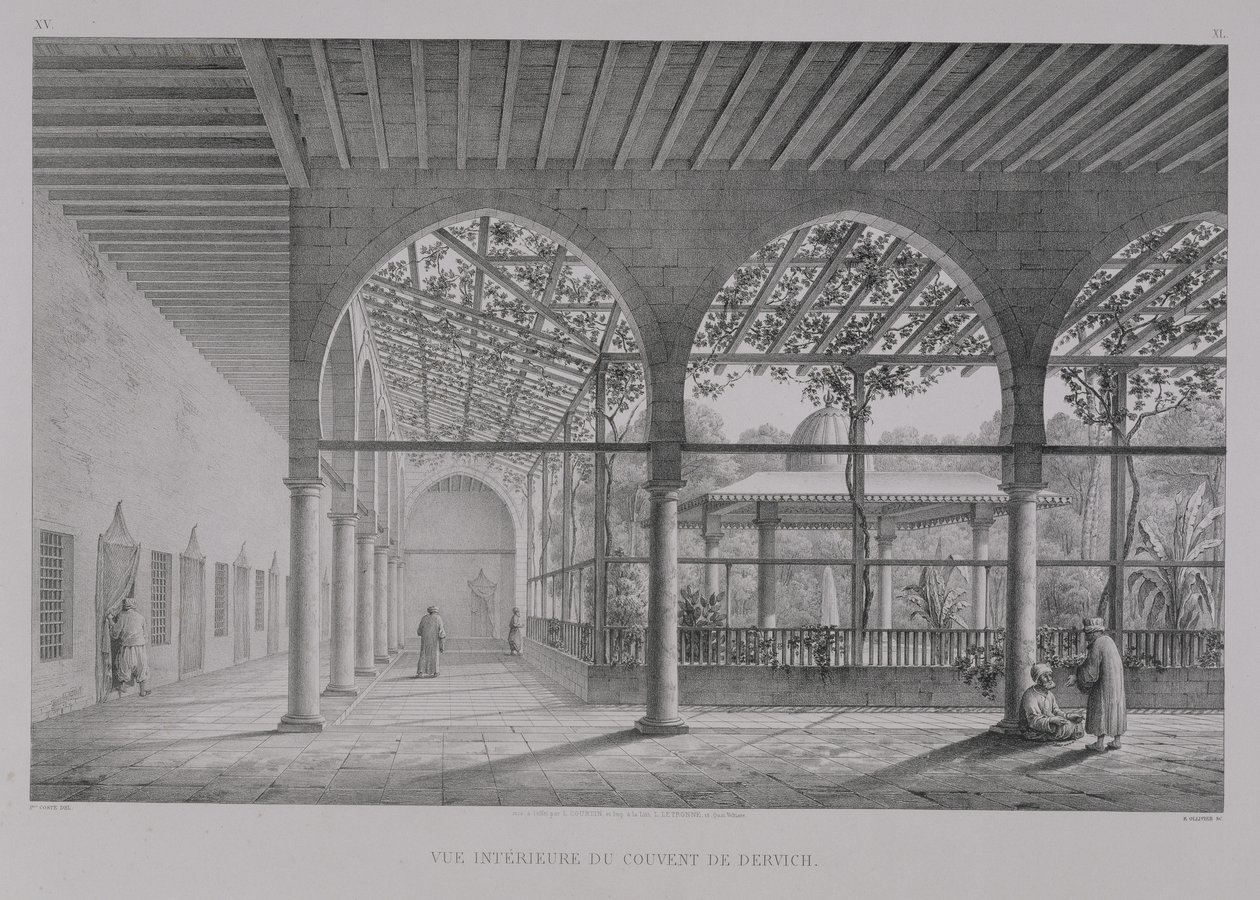 Widok wnętrza Klasztoru Derwiszów w Kairze, z "Zabytków i budowli Kairu", rytowany przez Emile Edmond Ollivier (1800-64), wydany przez Letronne, Paryż, 1829. autorstwa Pascal Xavier Coste