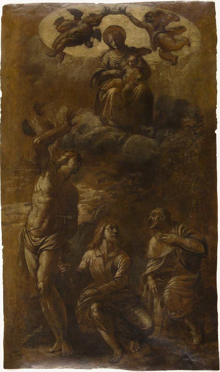 Dziewica z Dzieciątkiem w chwale ze świętymi Sebastianem, Janem Ewangelistą i Rochem, ok. 1610 (olej z grafitem (lakierowany) na kremowym papierze) autorstwa Pasquale Ottino
