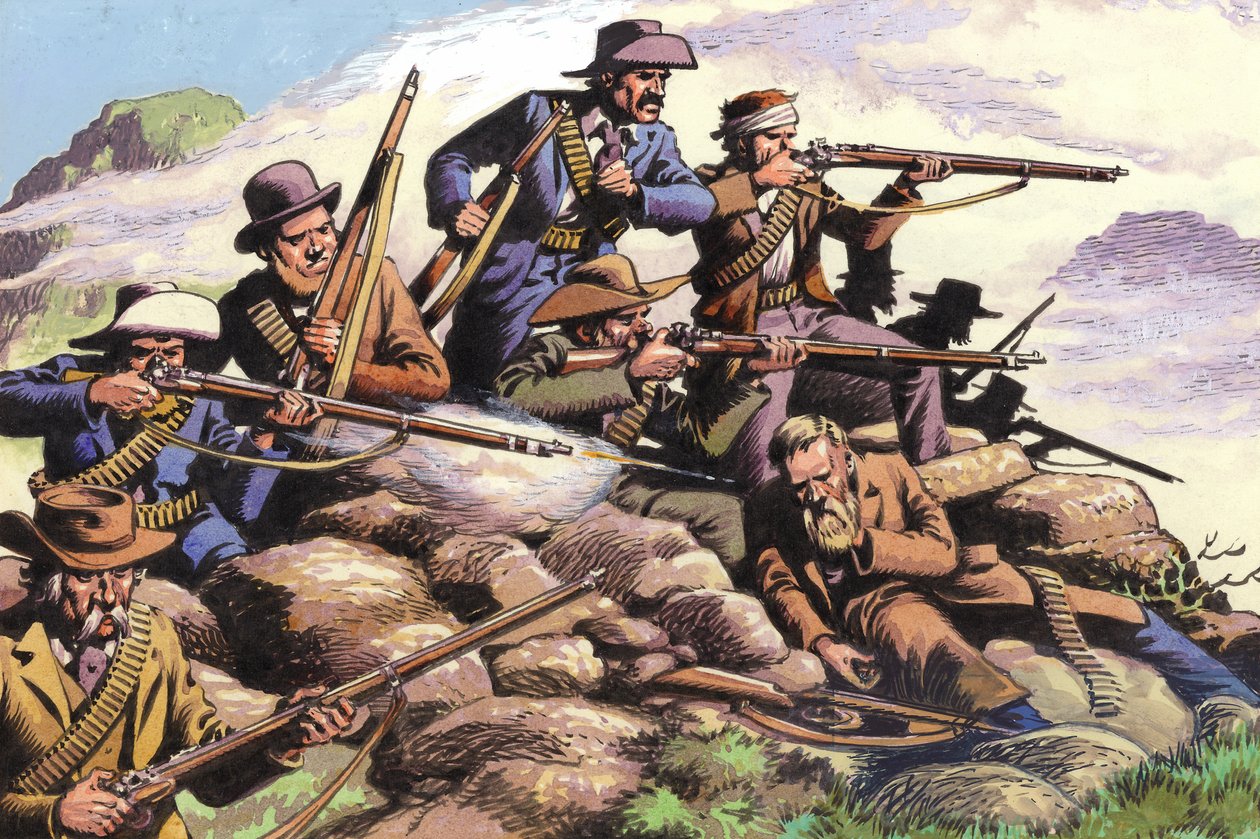 1880, Boers of the Transvaal walczący na wzgórzu Majuba podczas pierwszej wojny burskiej (gwasz na papierze) autorstwa Pat (1907 95) Nicolle