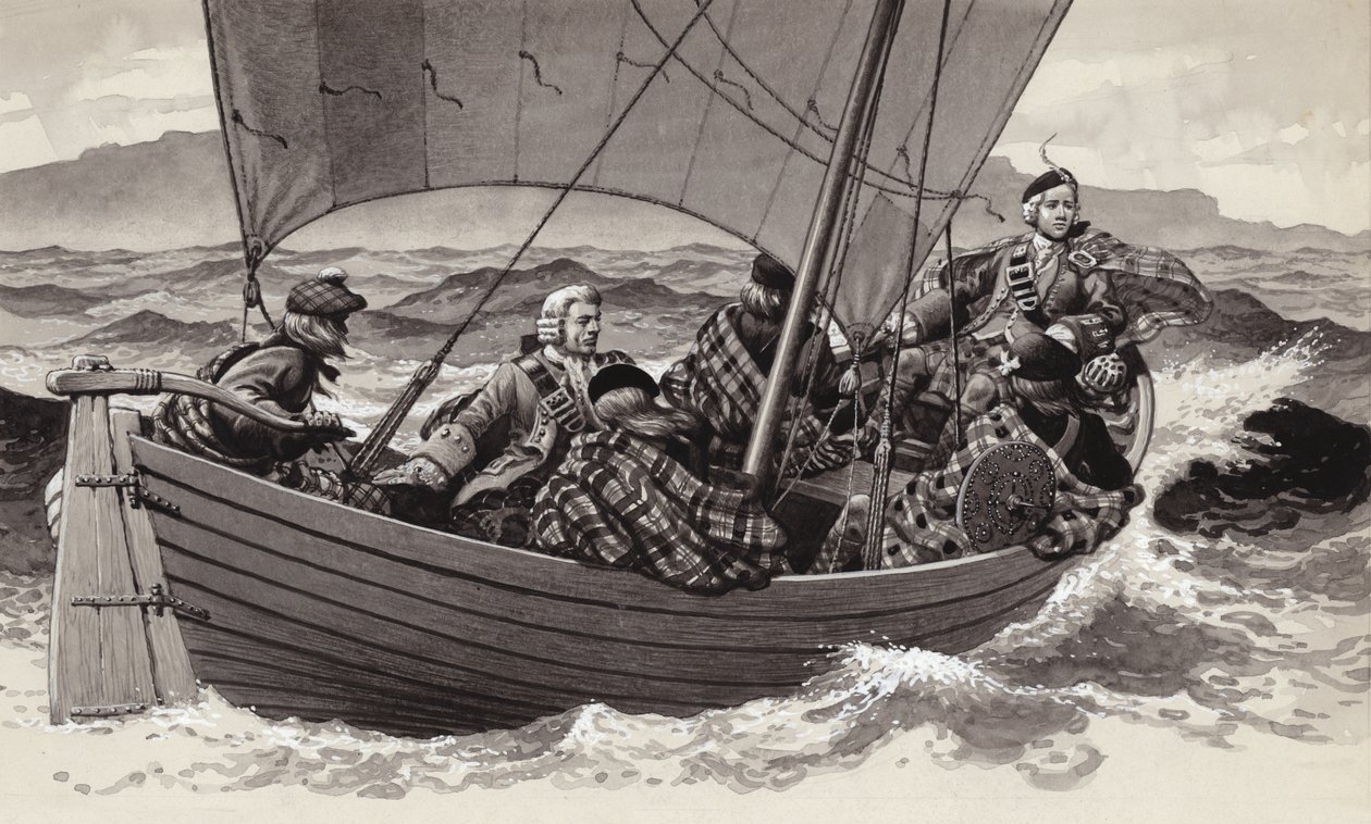 Bonnie Prince Charlie wyrusza na wyspę Skye (gwasz na papierze) autorstwa Pat (1907 95) Nicolle