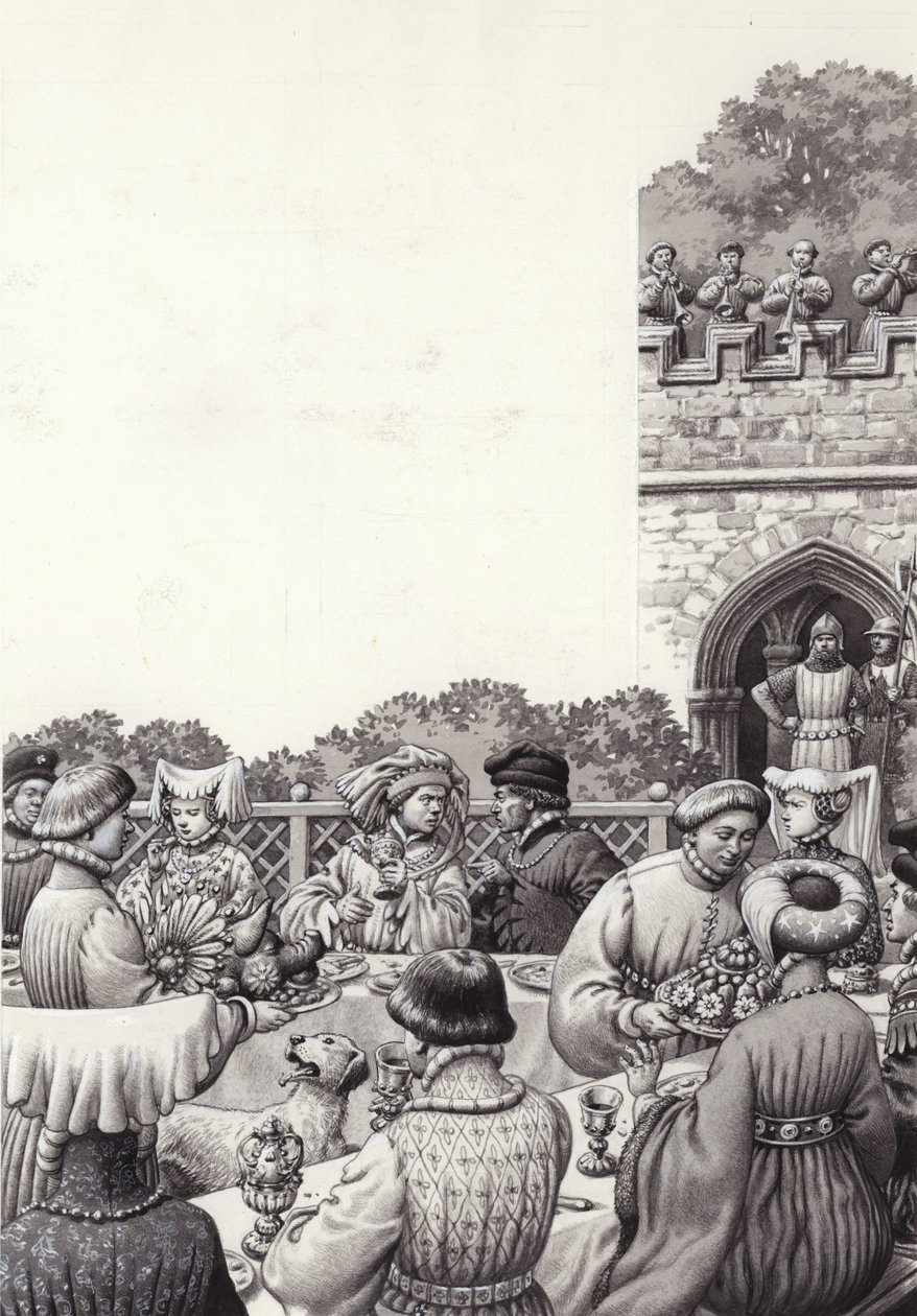 Kolacja na dworze cesarza niemieckiego Ruperta w średniowieczu (gwasz na papierze) autorstwa Pat (1907 95) Nicolle