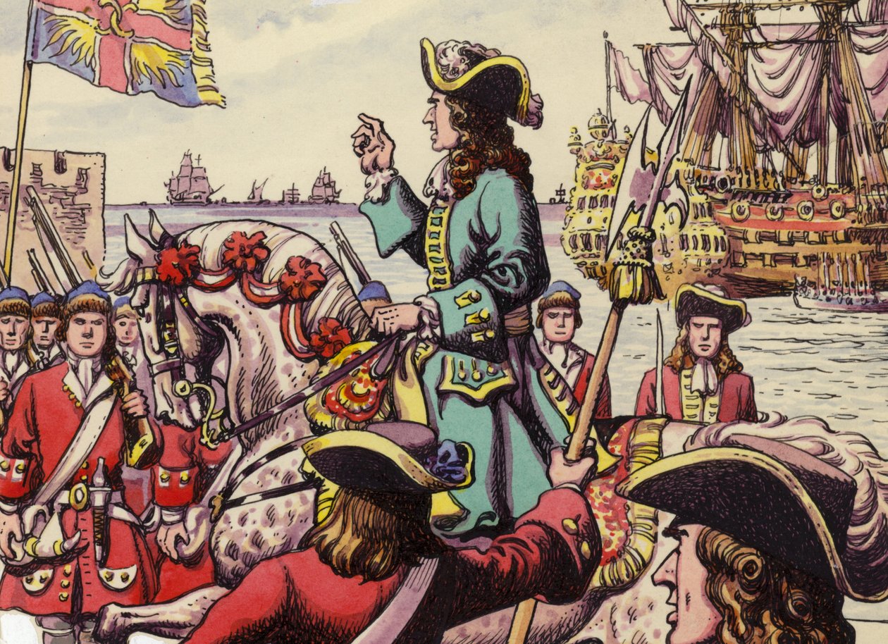 Król Wilhelm III lądujący w Carrickfergus (gwasz na papierze) autorstwa Pat (1907 95) Nicolle