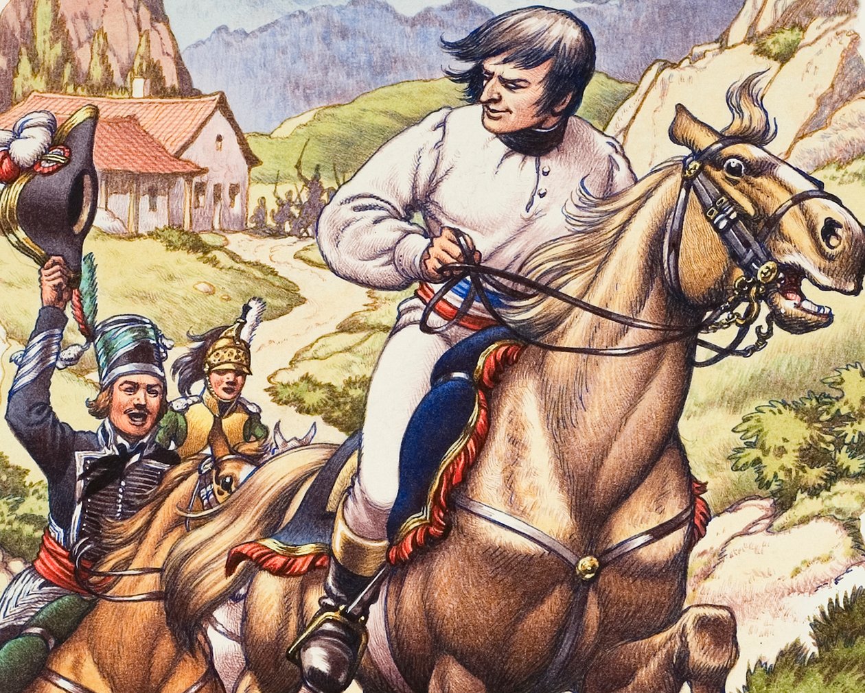 Napoleon ucieka przed austriackim patrolem kawalerii, który depcze mu po piętach. autorstwa Pat (1907 95) Nicolle