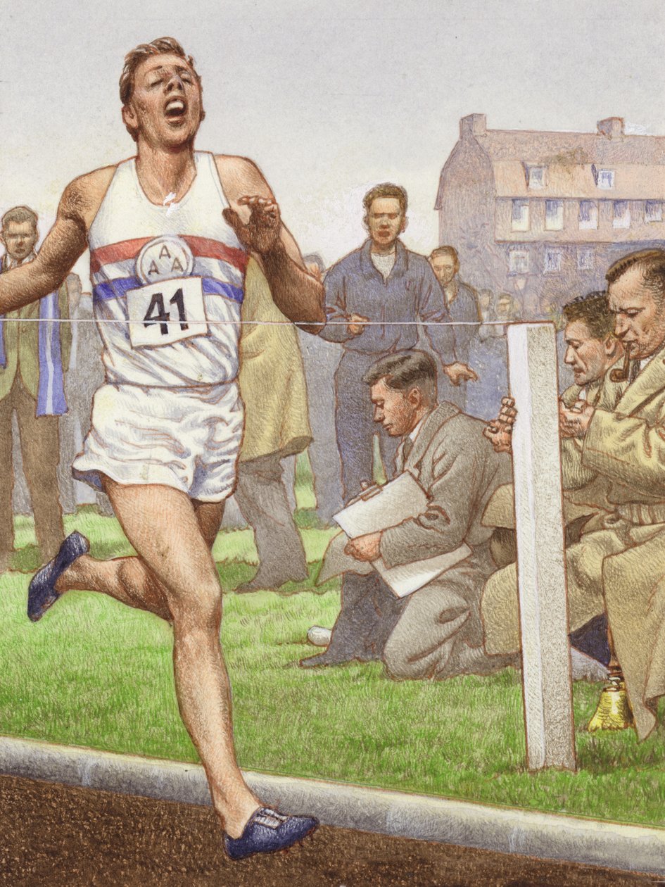 Roger Bannister przebiegł pierwszą czterominutową milę (gwasz na papierze) autorstwa Pat (1907 95) Nicolle