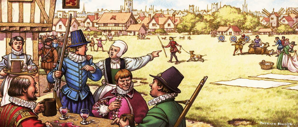 Niezidentyfikowana scena z XVII wieku przedstawiająca mężczyzn pijących w karczmie przy wspólnym ognisku autorstwa Pat (1907-95) Nicolle