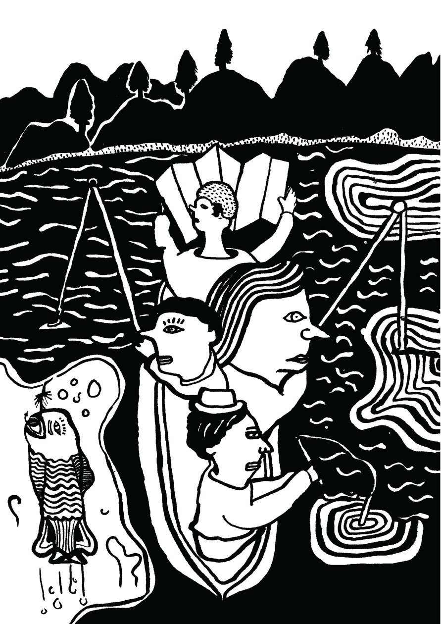 Łowienie ryby, 2014 (tusz i pędzel) autorstwa Pat Macdonald