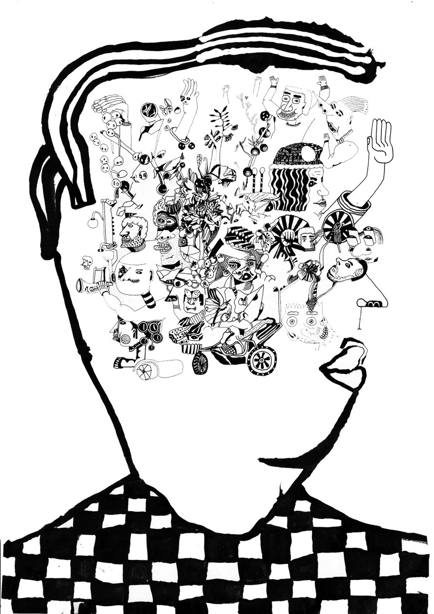 Whats In My Head, 2014 (pióro i pędzel) autorstwa Pat Macdonald