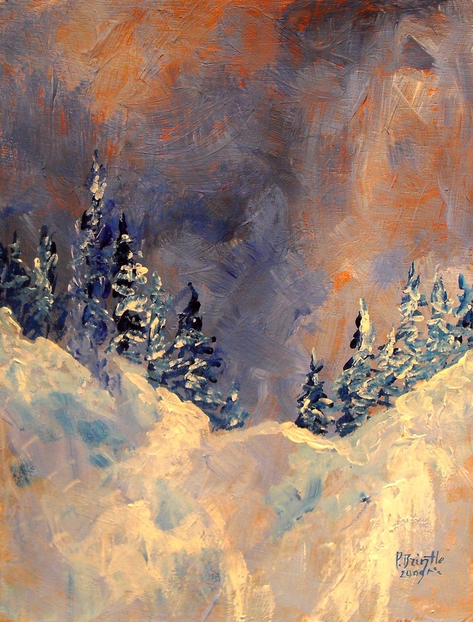 Mgła na Śnieżnym Szczycie, 2009, (akryl na drewnie) autorstwa Patricia Brintle