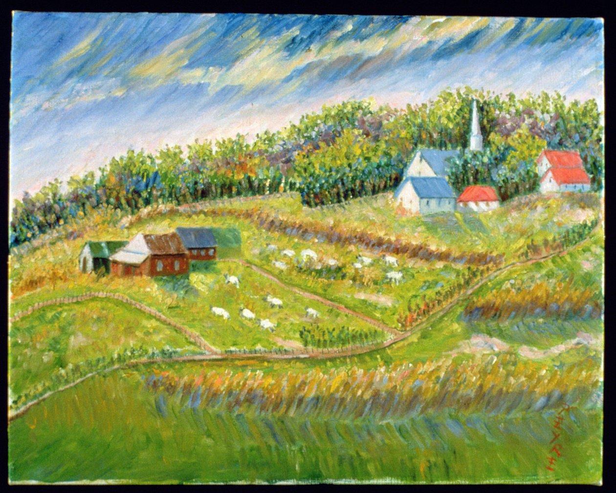Farma z owcami, Les Eboulement (olej na belgijskim lnie) autorstwa Patricia Contemporary Artist Eyre