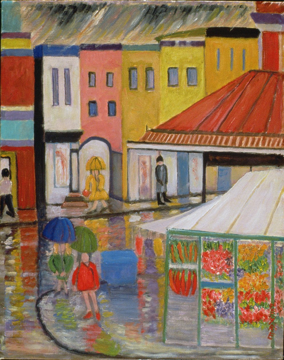 Wiosenny deszcz, targ Bywood (olej na lnie) autorstwa Patricia Contemporary Artist Eyre