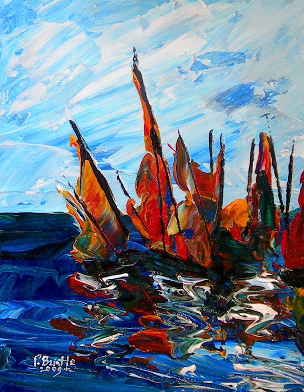 Żaglówki w Port a Bainet, 2009 (akryl na drewnie) autorstwa Patricia Brintle