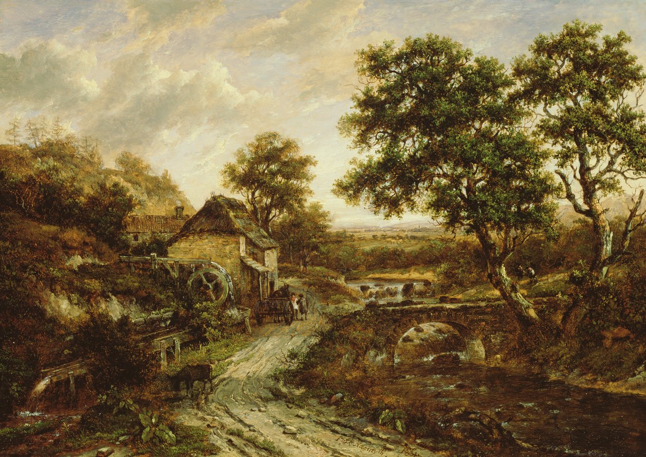 Overshot Flint Mill w krajobrazie z opadem wody, 1831 autorstwa Patrick Nasmyth