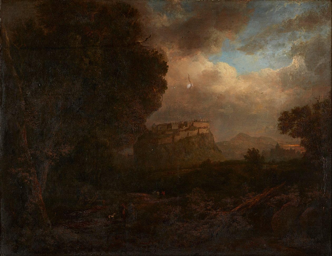 Odległy widok na Edynburg, z podróżnikami na pierwszym planie (olej na płótnie) autorstwa Patrick (attr.to) Nasmyth