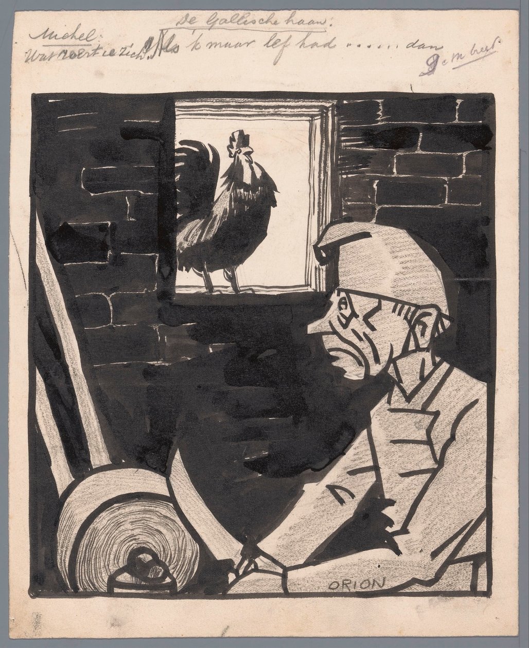 Mężczyzna ostrzy nóż, podczas gdy francuski kogut pieje Kogut galijski (tytuł na obiekcie) autorstwa Patricq Kroon (signed by artist)