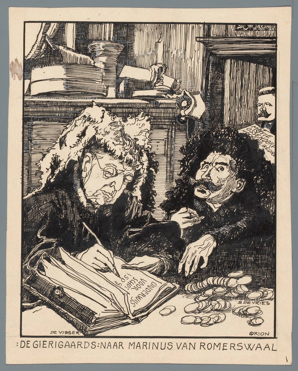 Ministrowie De Visser i Simon de Vries jako poborcy podatkowi Skąpcy: wg Marinus van Romerwaal (tytuł na obiekcie) autorstwa Patricq Kroon (signed by artist)